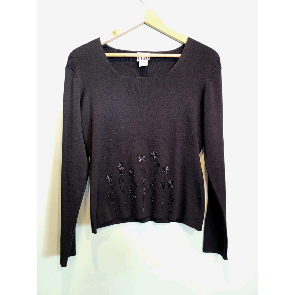 Vtg Black On Black Silk Blend Floral Beaded Knit Top Whimsigoth Clio Sz L